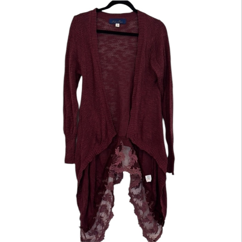 Blue Rain Women's Burgundy Cardigan Sweater with Lace Detail Size large